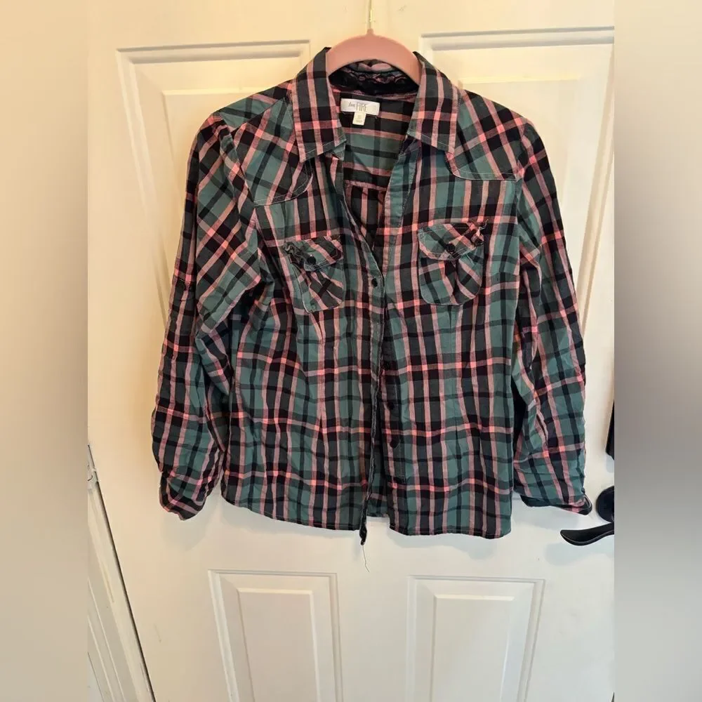Anthropologie Love, Fire Teal and Pink Plaid Shirt